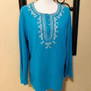 Teal long sleeve tunic with silver embroidery